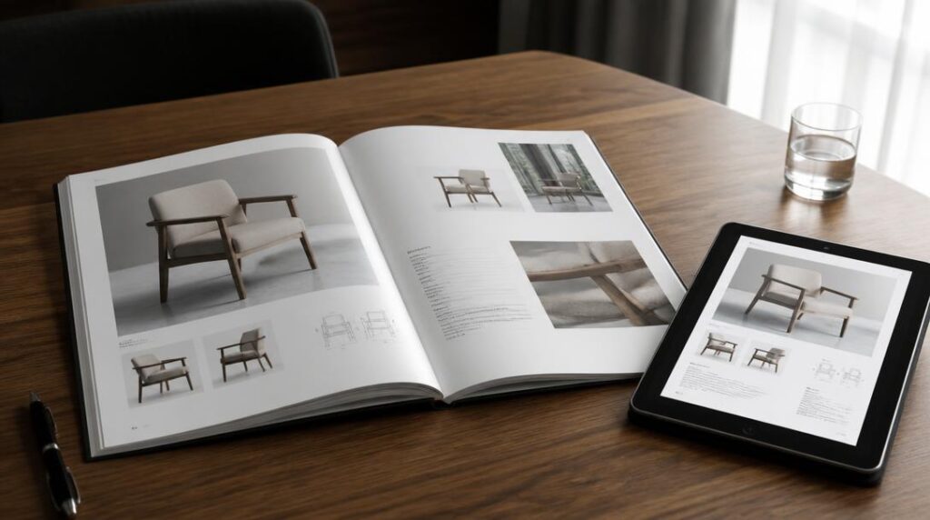 Catalogue publicitaire imprimé et numérique sur table