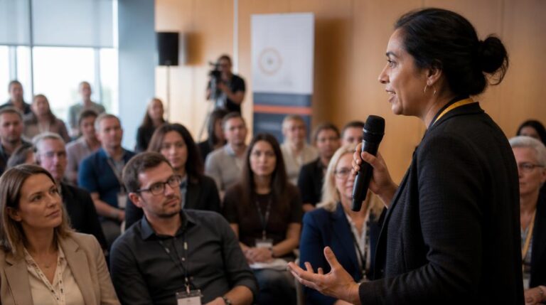 Communication événementielle lors d'une conférence professionnelle animée