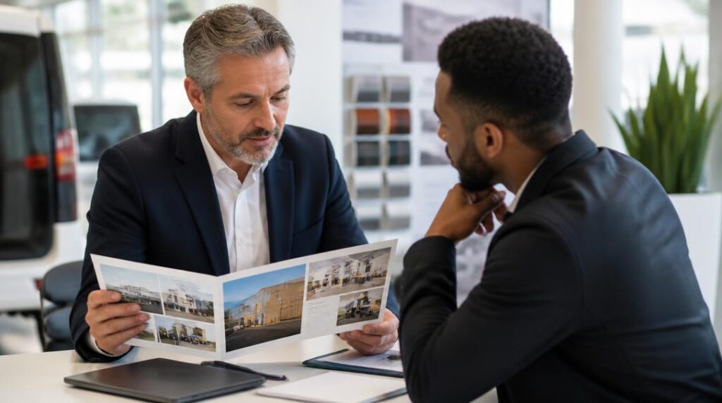 Dépliant commercial ouvert pendant un rendez-vous client