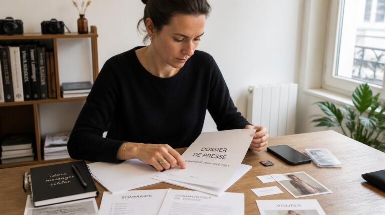 Consultant préparant un dossier de presse illustré