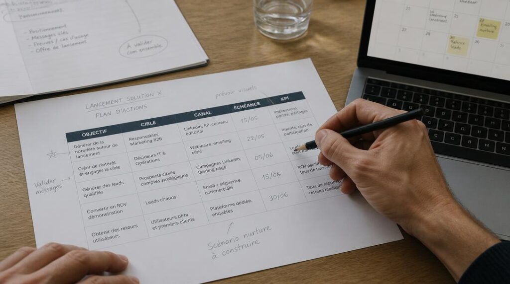 Tableau de communication B2B annoté sur bureau