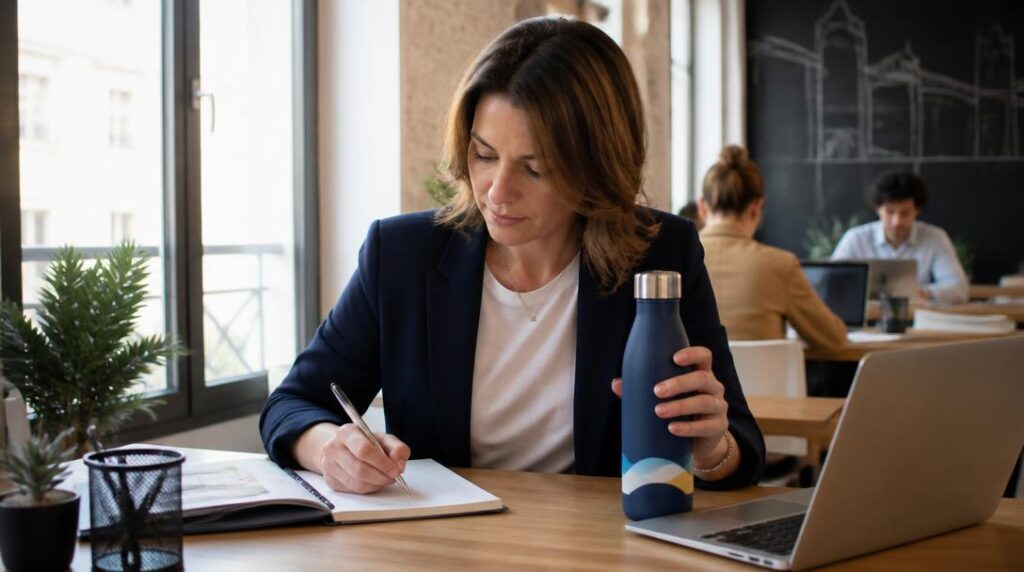 Objet publicitaire utile utilisé dans un espace de travail