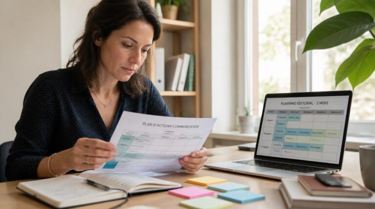 Consultante organisant un plan de communication sur papier