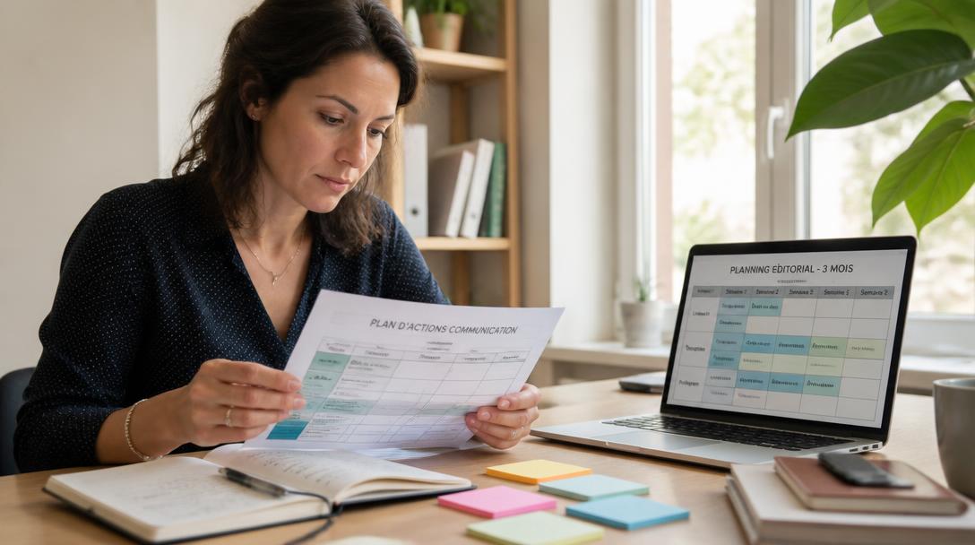 Consultante organisant un plan de communication sur papier