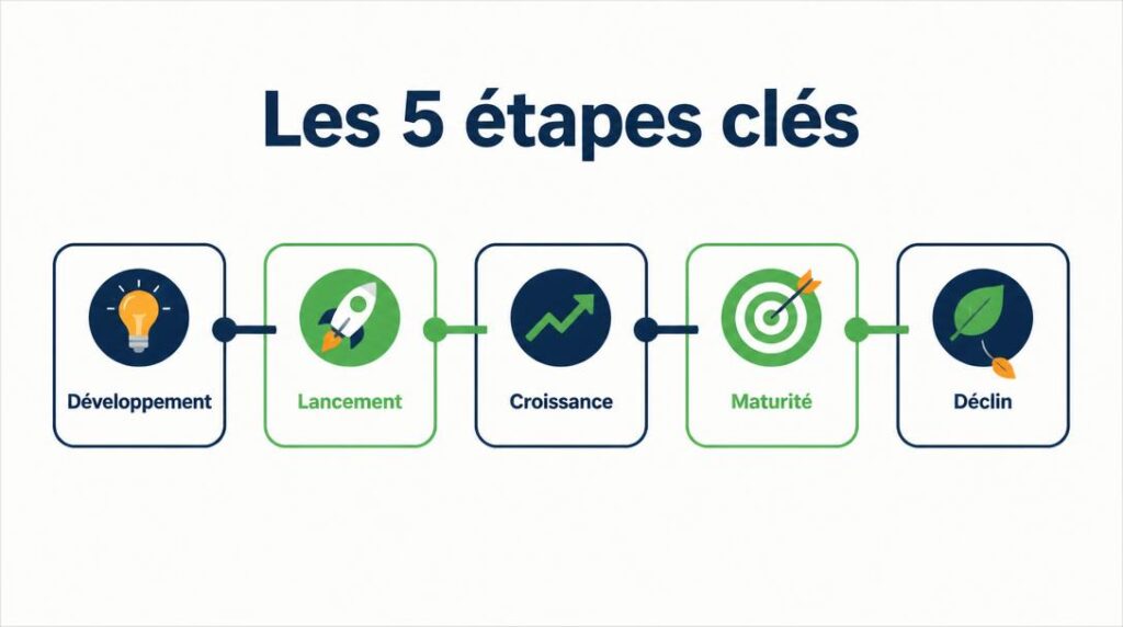 Schéma des cinq phases du cycle de vie produit