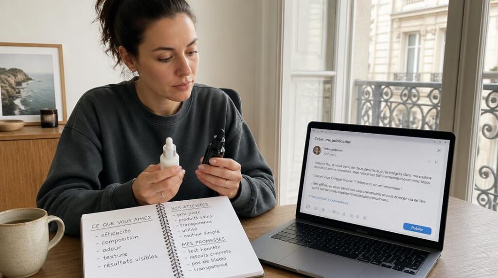 Créatrice préparant une recommandation affiliée transparente