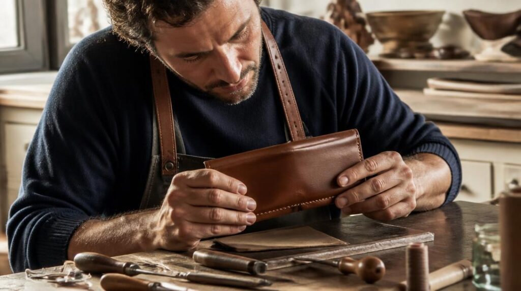 Artisan façonnant un accessoire de luxe en cuir